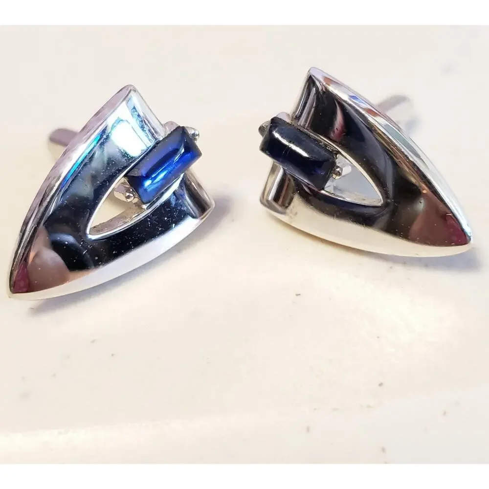 Swank‎ Cuff Links Silver Arrow with Blue Rhinestones- Mid-century Gift cl-